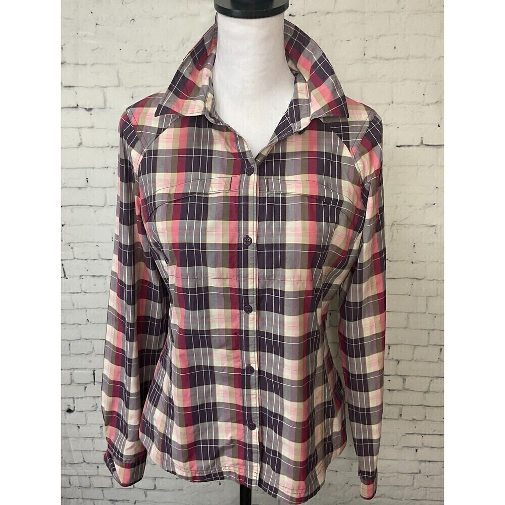 Columbia Shirt Women M Pink Purple Plaid Omni Shade Lightweight Long Sleeve H1 - Picture 2 of 12